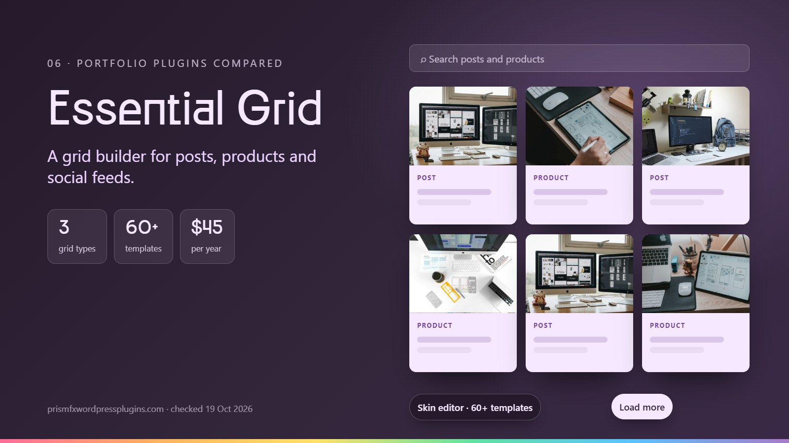 Essential Grid compared: A grid builder for posts, products and social feeds. 3 grid types, 60+ templates, $45 per year