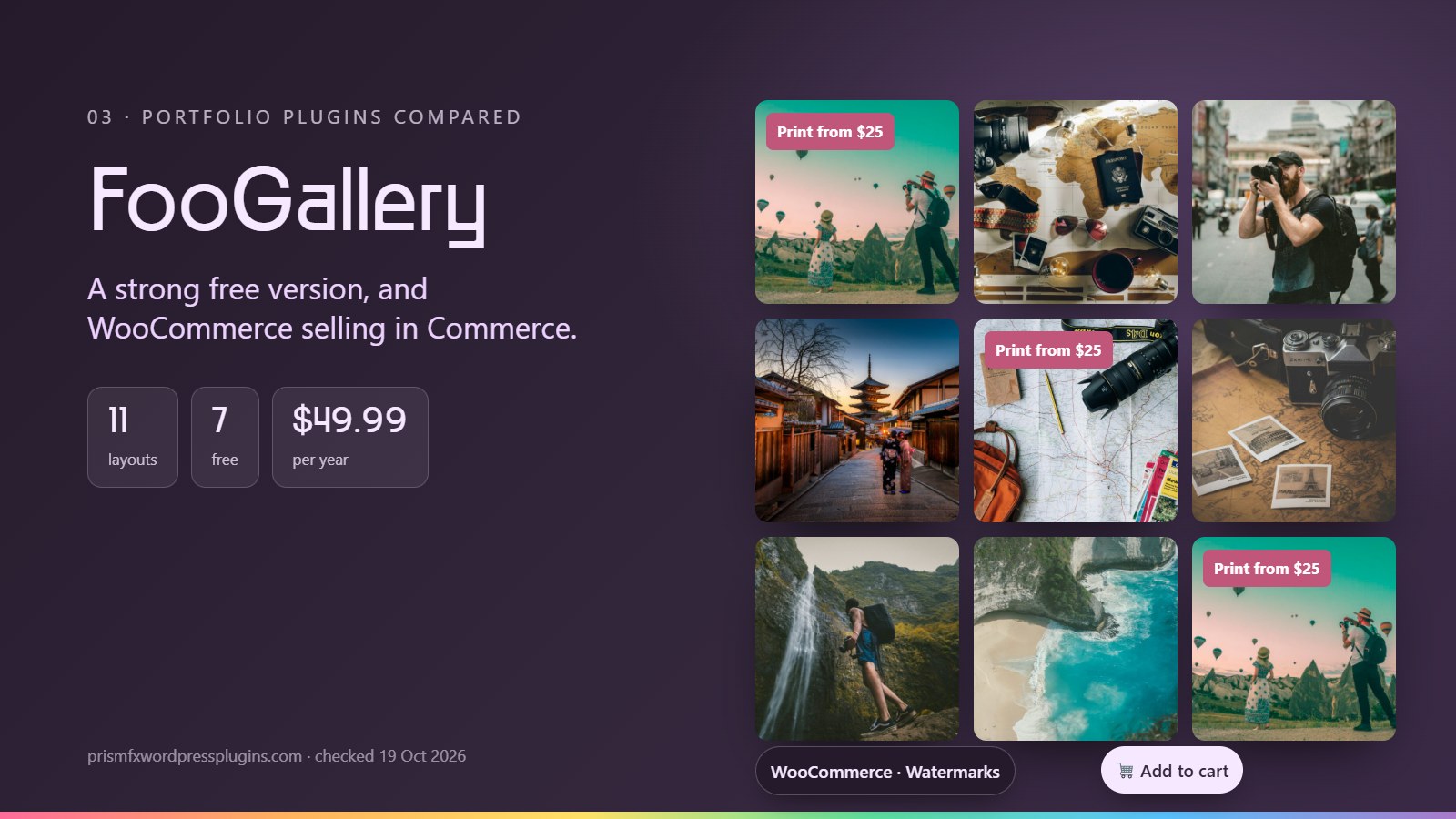 FooGallery compared: A strong free version, and WooCommerce selling in Commerce. 11 layouts, 7 free, $49.99 per year