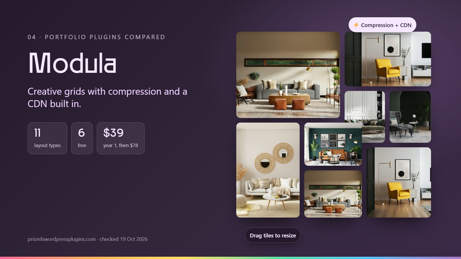 Modula compared: Creative grids with compression and a CDN built in. 11 layout types, 6 free, $39 year 1, then $78