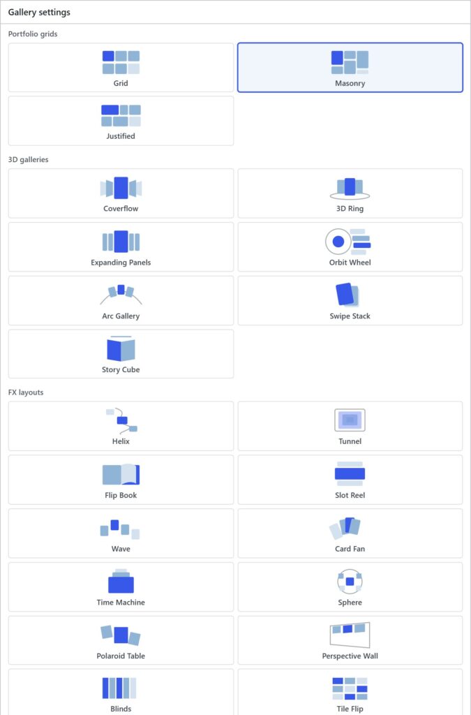 The Galleo layout picker with grid, 3D and FX layouts